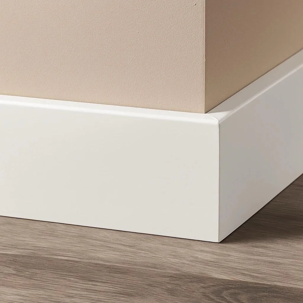 Hoge witte plint strak afgewerkt in de hoek, op een PVC vloer in houtlook