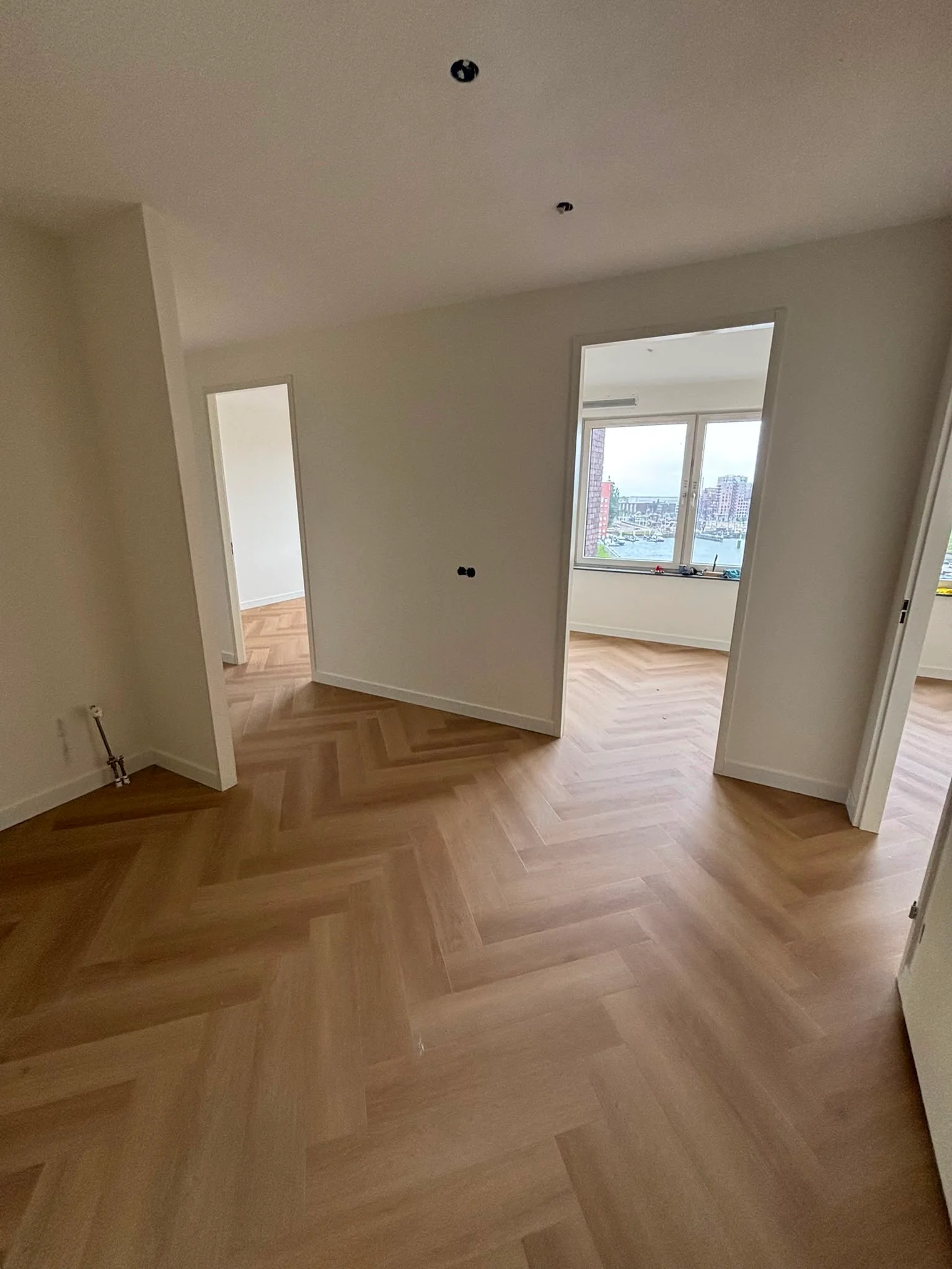Visgraat PVC vloer die doorloopt van de hal naar twee kamers